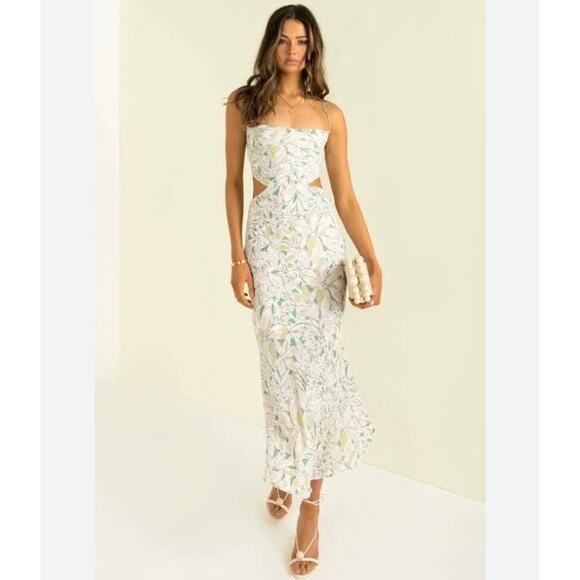 Sundae Muse Dresses & Skirts - Sundae Muse Aloe Floral Cut Out Tie Back Maxi Dress White Green 10